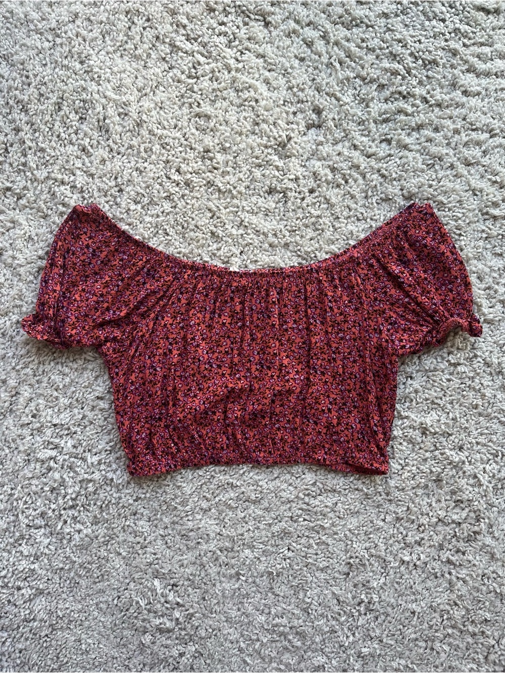 Sky and Sparrow Coral Pink Floral Off-Shoulder Crop Top